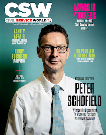 The cover of CSW's 2024 issue, with a large portrait photo of DWP perm sec Peter Schofield on it
